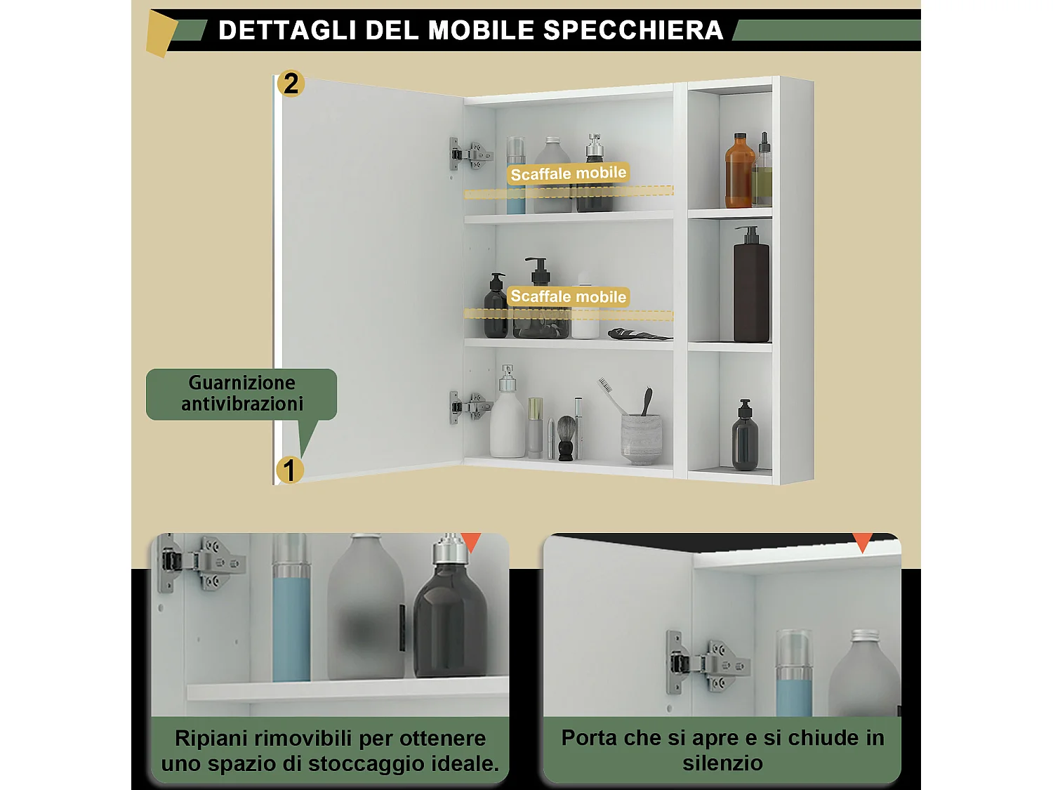 Armadietto a muro da Bagno con Specchio 50x70cm e Pensile Alto, Set Completo, Bianco