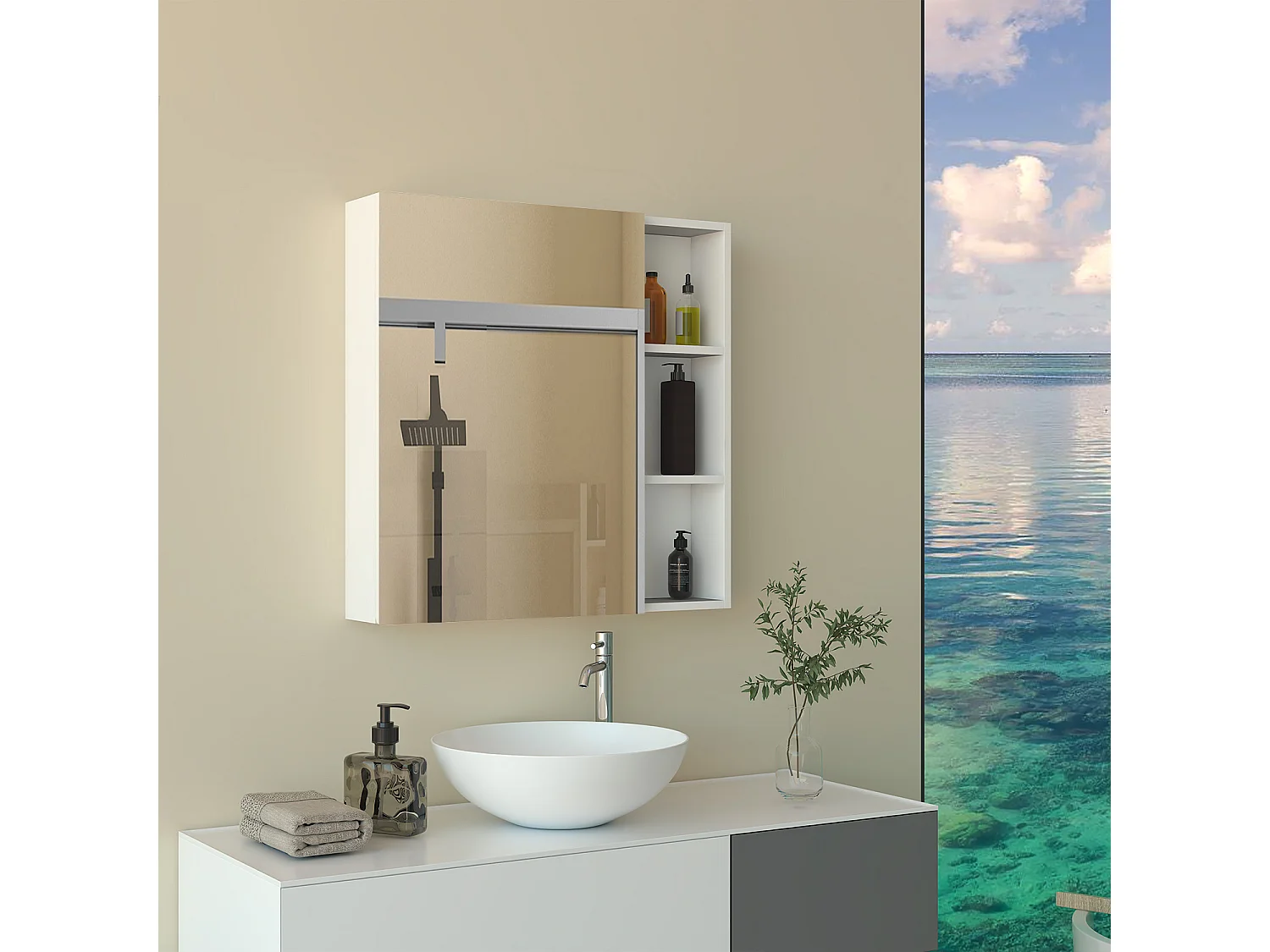 Armadietto a muro da Bagno con Specchio 70x70cm e Pensile Alto, Set Completo, Bianco