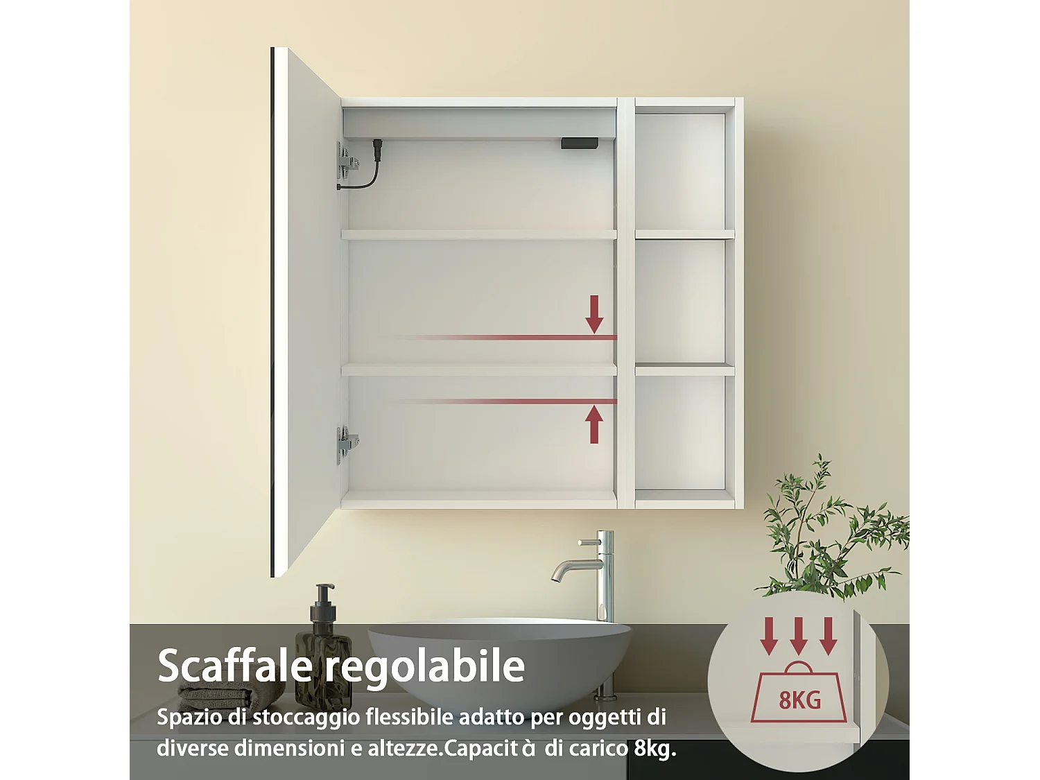 Armadietto a muro da Bagno con Specchio 70x70cm e Pensile Alto, Set Completo, Bianco