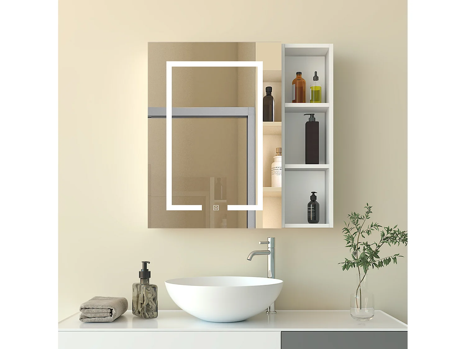 Armadietto a muro da Bagno con Specchio 50x70cm e Pensile Alto, Set Completo, Bianco