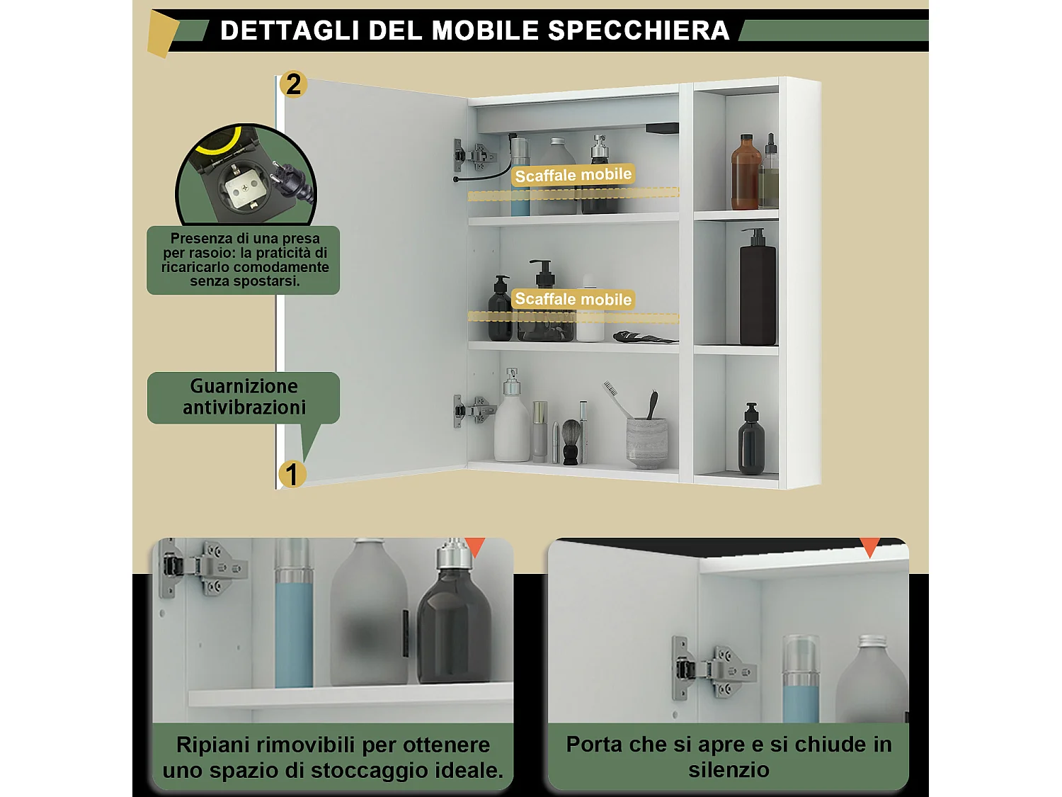 Armadietto a muro da Bagno con Specchio 50x70cm e Pensile Alto, Set Completo, Bianco