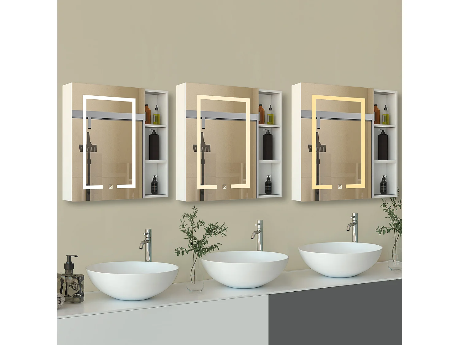 Armadietto a muro da Bagno con Specchio 70x70cm e Pensile Alto, Set Completo, Bianco