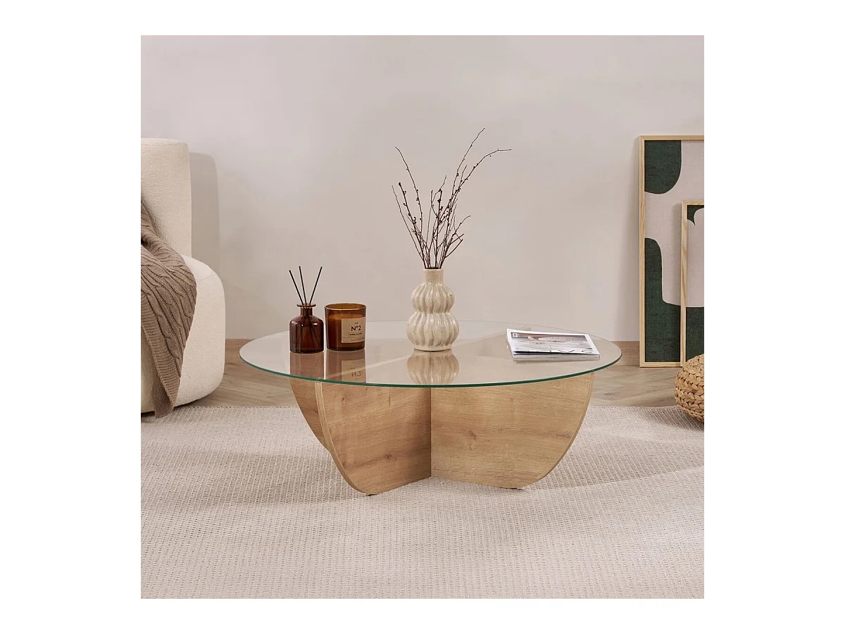 Couchtisch mit Glasplatte Ø90 cm - NINA