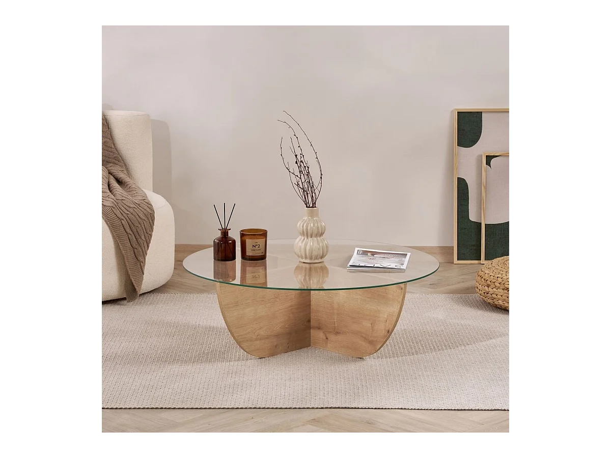 Couchtisch mit Glasplatte Ø90 cm - NINA