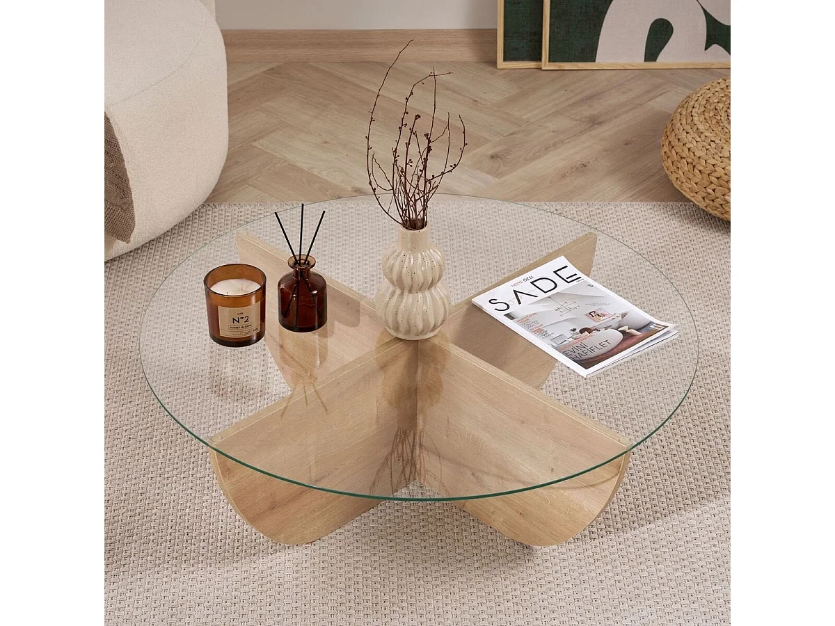 Table basse avec plateau en verre D90 cm - NINA