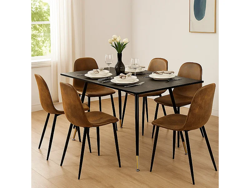 URBAN MEUBLE Ensemble table noire et 6 chaises suède brun doré