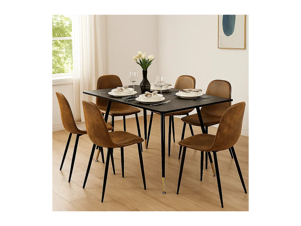 URBAN MEUBLE Ensemble table noire et 6 chaises suède brun doré