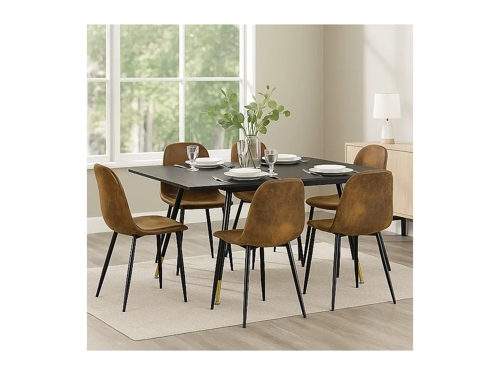 URBAN MEUBLE Ensemble table noire et 6 chaises suède brun doré