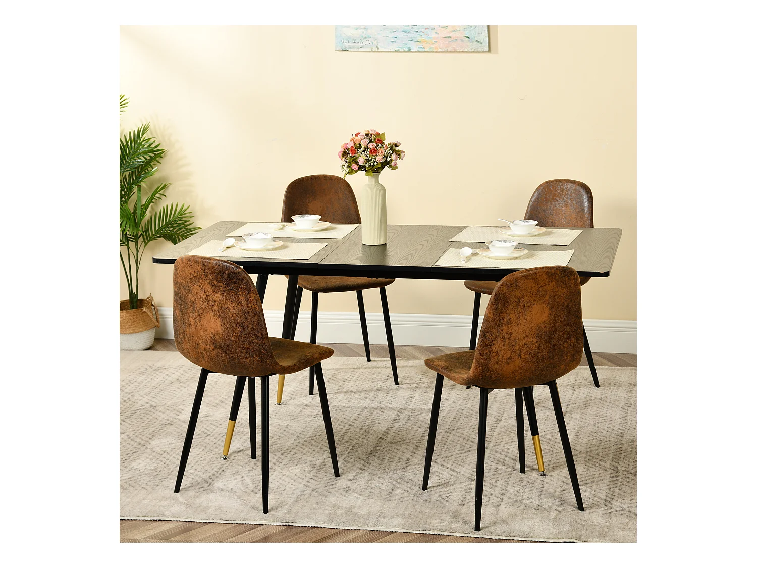 URBAN MEUBLE Ensemble table noire et 6 chaises suède brun doré