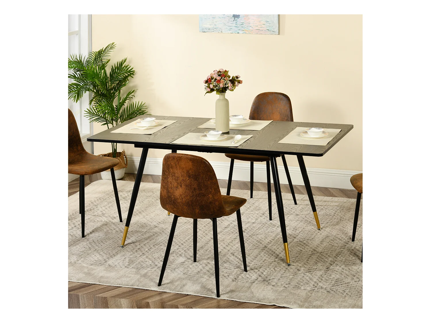 URBAN MEUBLE Ensemble table noire et 6 chaises suède brun doré