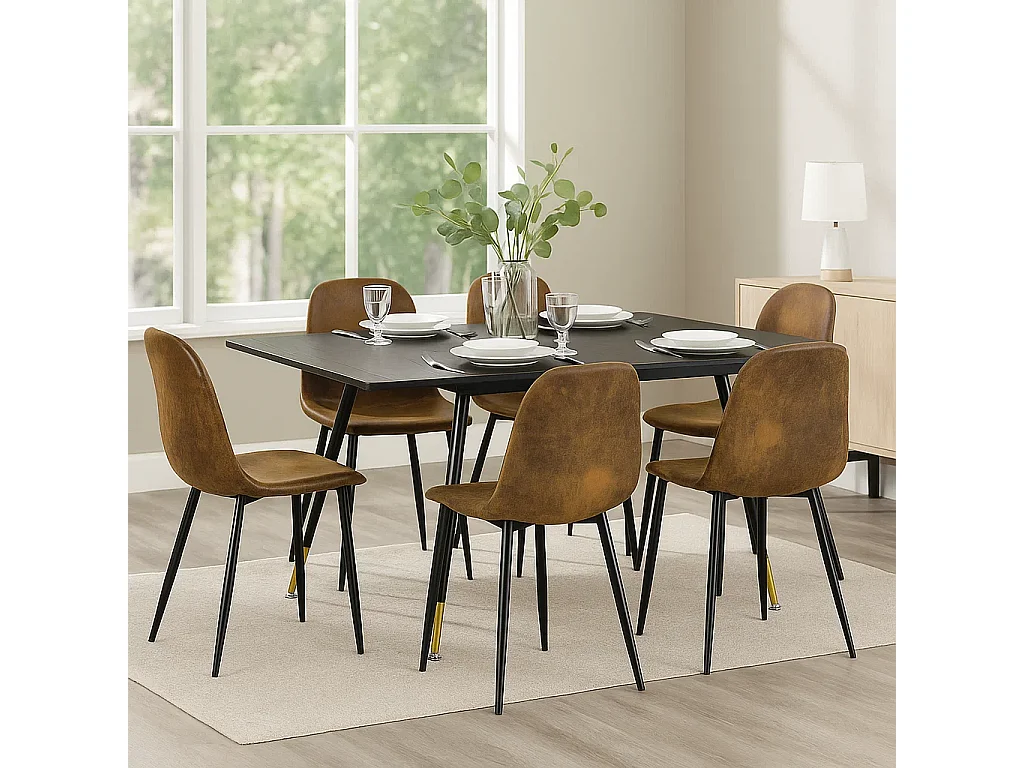URBAN MEUBLE Ensemble table noire et 6 chaises suède brun doré