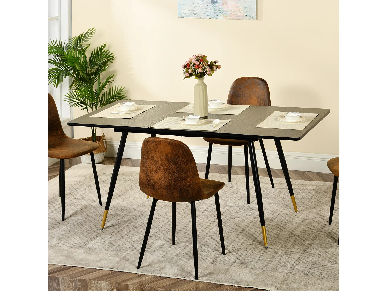 URBAN MEUBLE Ensemble table noire et 6 chaises suède brun doré