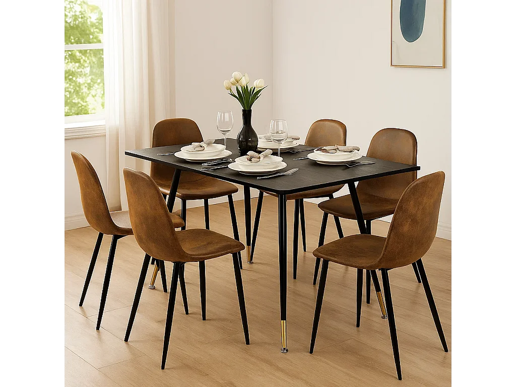 URBAN MEUBLE Ensemble table noire et 6 chaises suède brun doré