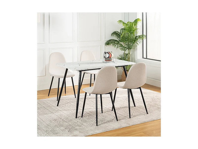 URBAN MEUBLE Ensemble table effet marbre blanc et 4 chaises tissu beige