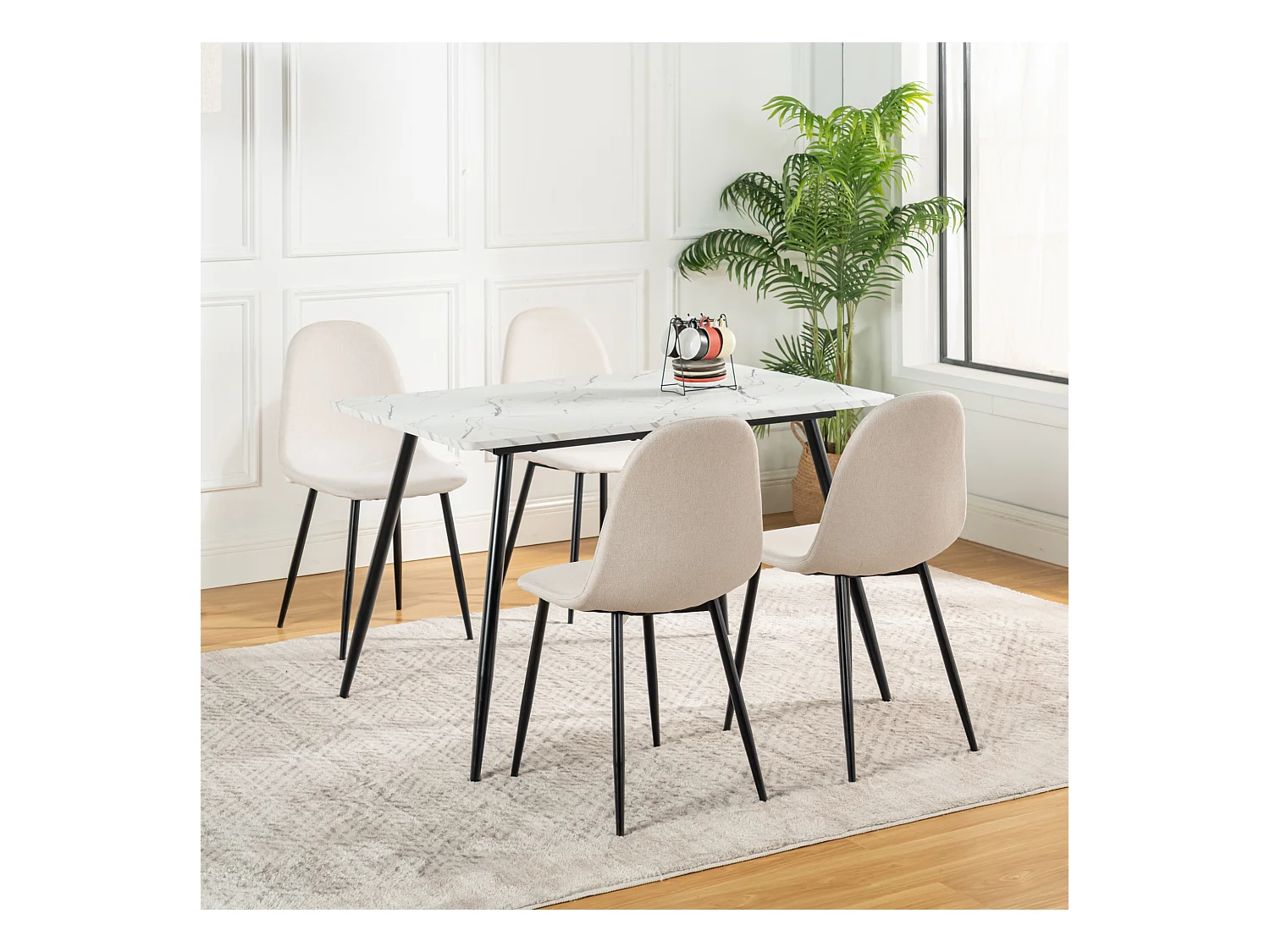 URBAN MEUBLE Ensemble table effet marbre blanc et 4 chaises tissu beige