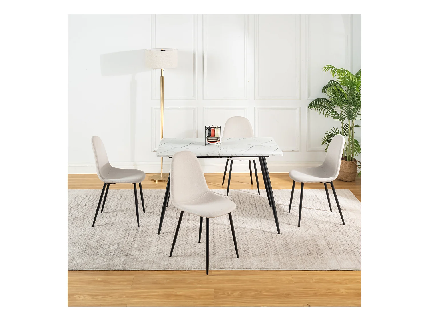 URBAN MEUBLE Ensemble table effet marbre blanc et 4 chaises tissu beige