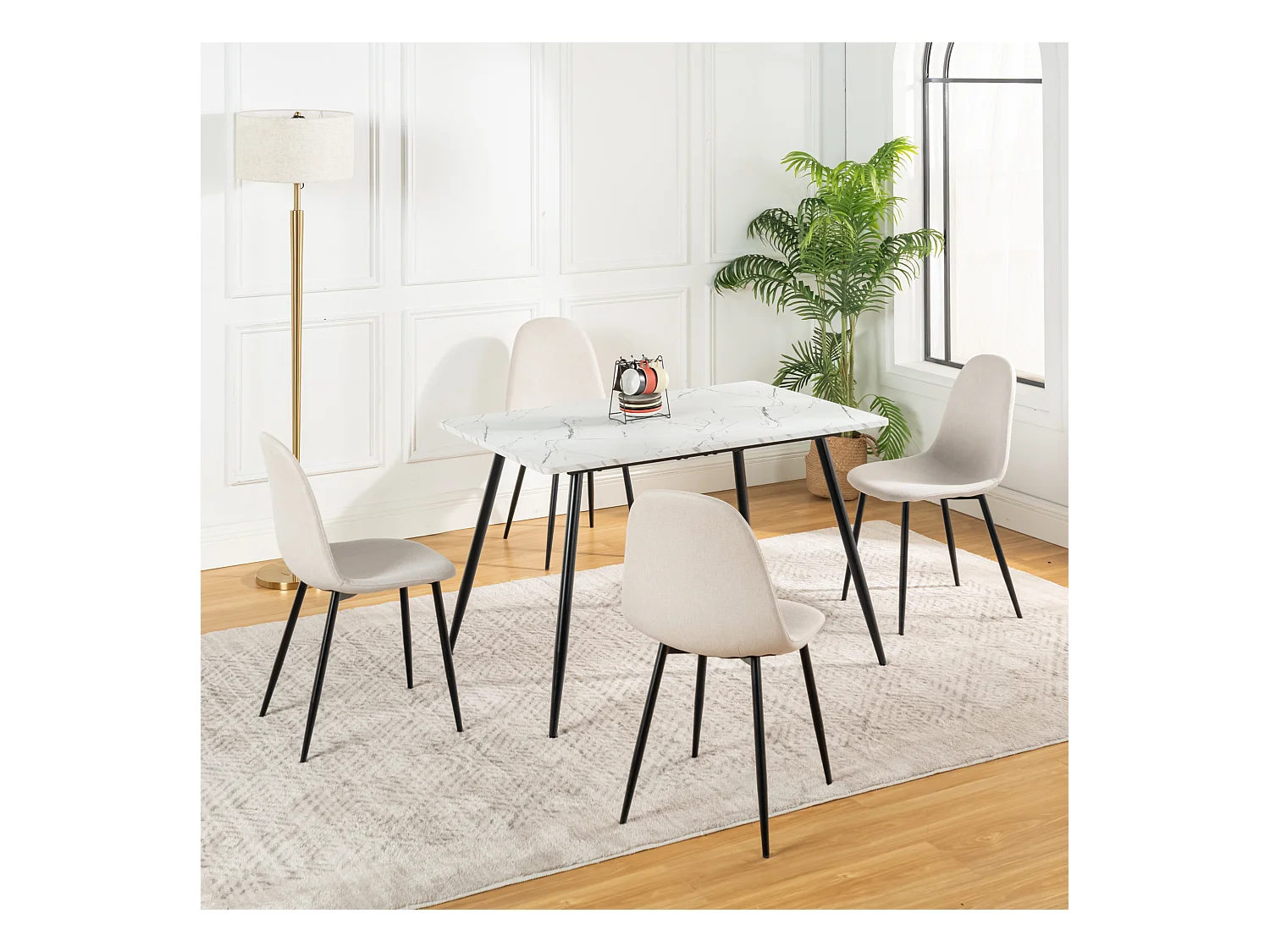 URBAN MEUBLE Ensemble table effet marbre blanc et 4 chaises tissu beige