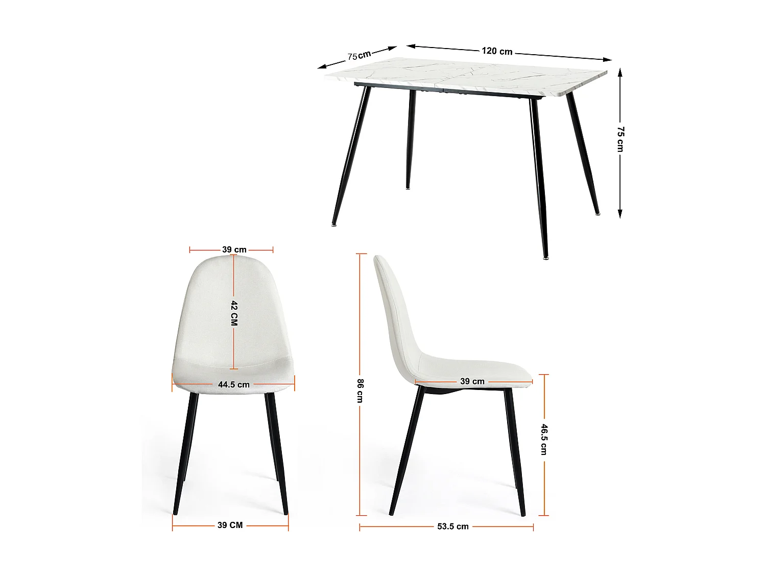 URBAN MEUBLE Ensemble table effet marbre blanc et 4 chaises tissu beige