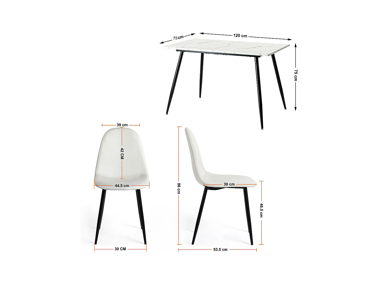 URBAN MEUBLE Ensemble table effet marbre blanc et 4 chaises tissu beige