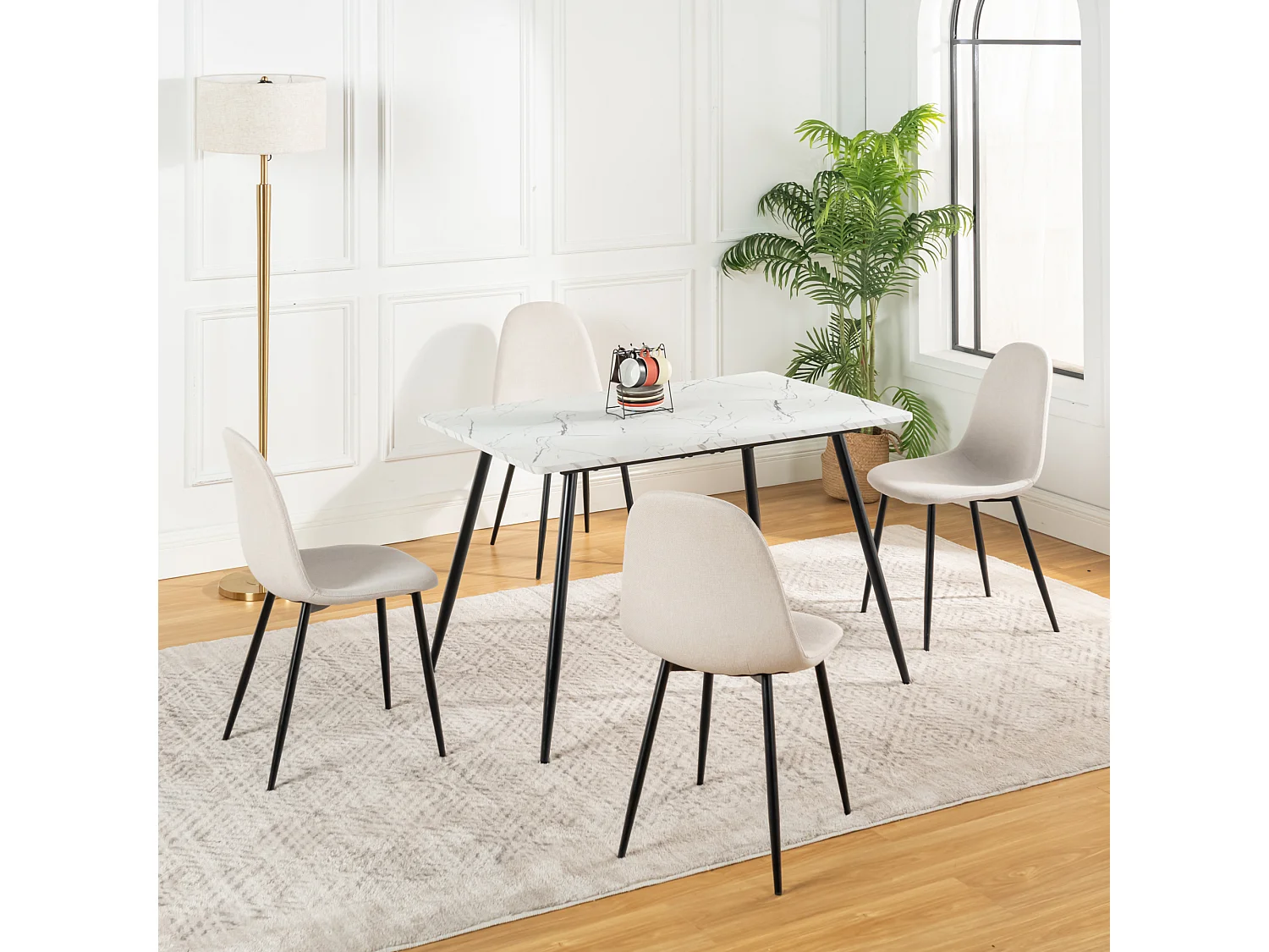 URBAN MEUBLE Ensemble table effet marbre blanc et 4 chaises tissu beige