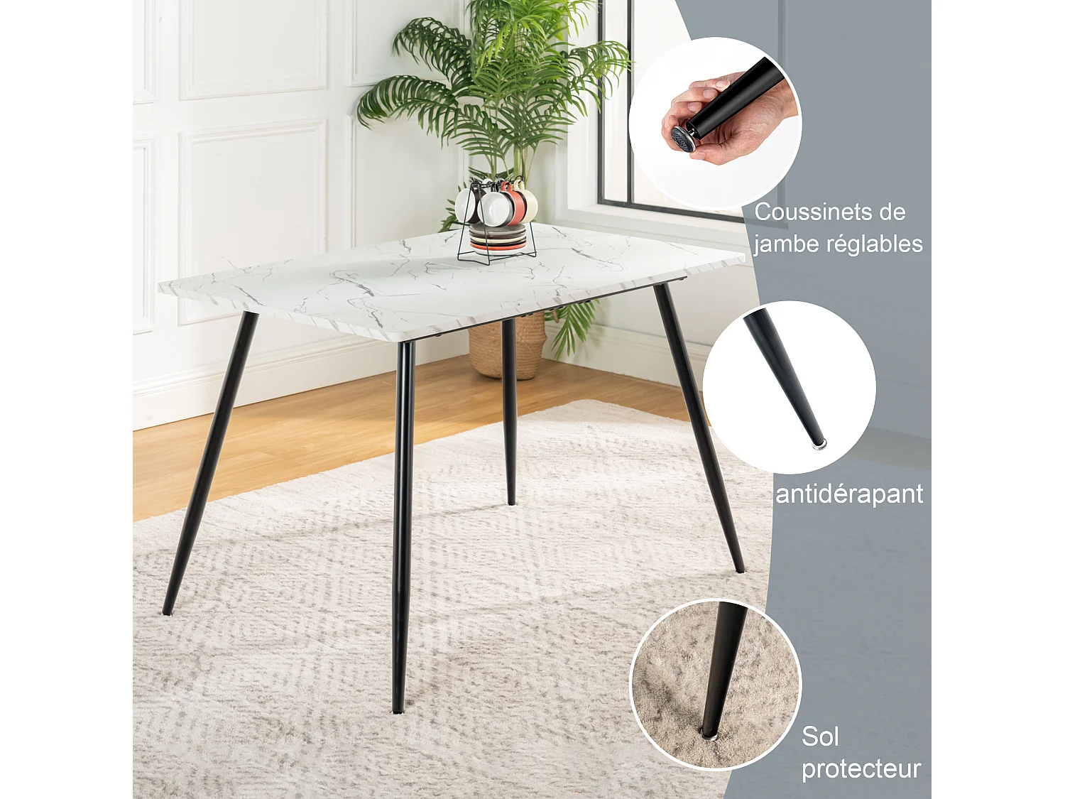URBAN MEUBLE Ensemble table effet marbre blanc et 4 chaises tissu beige