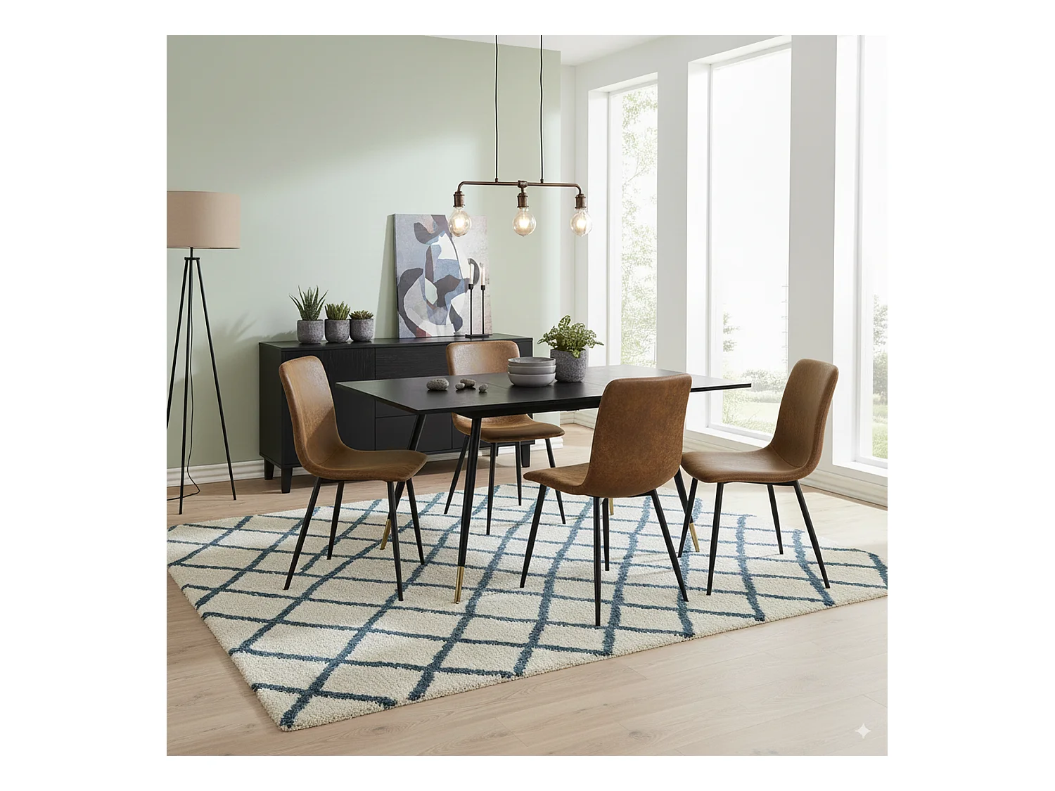 URBAN MEUBLE Ensemble table noire effet bois et 4 chaises suède brun