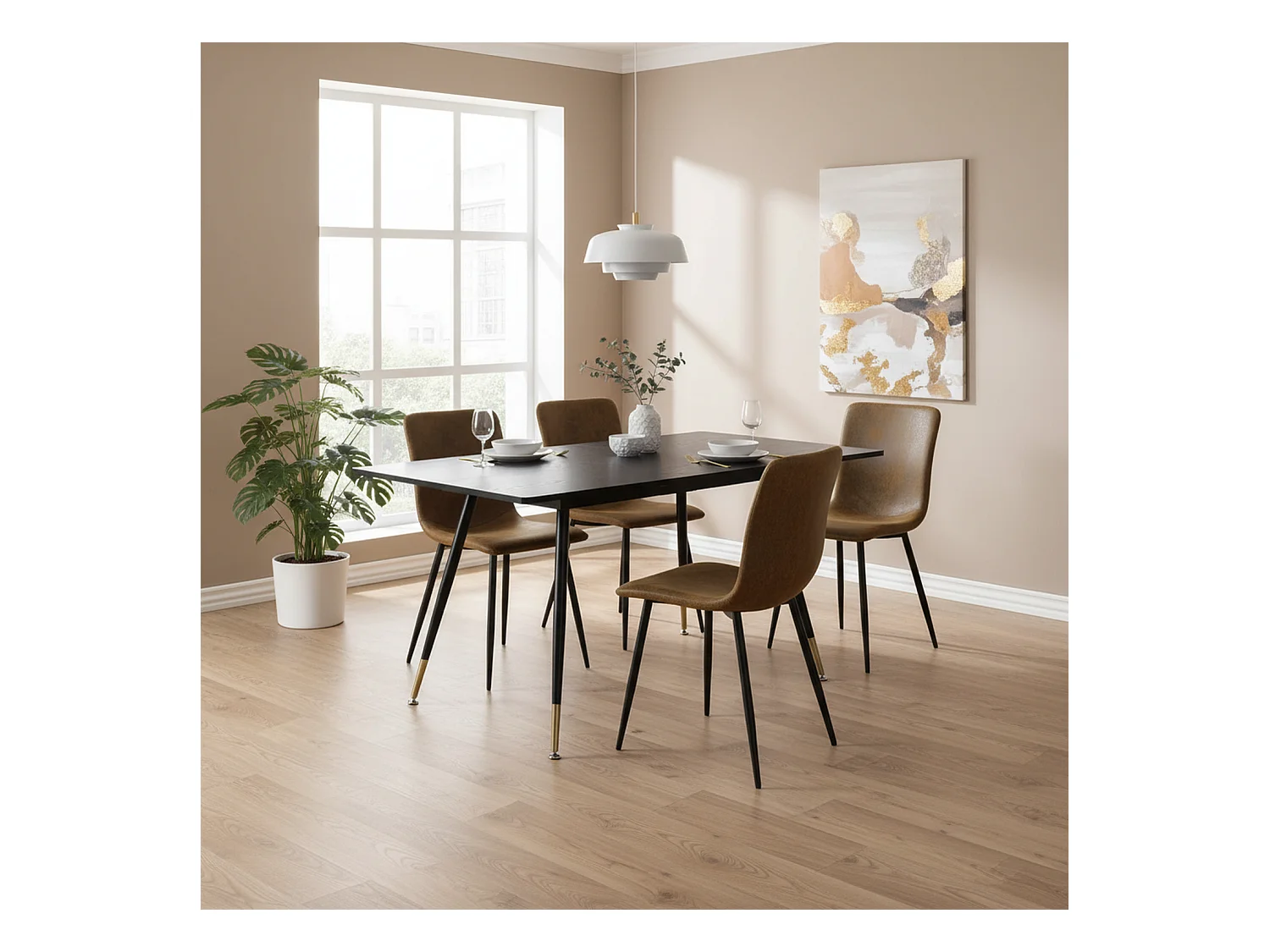 URBAN MEUBLE Ensemble table noire effet bois et 4 chaises suède brun