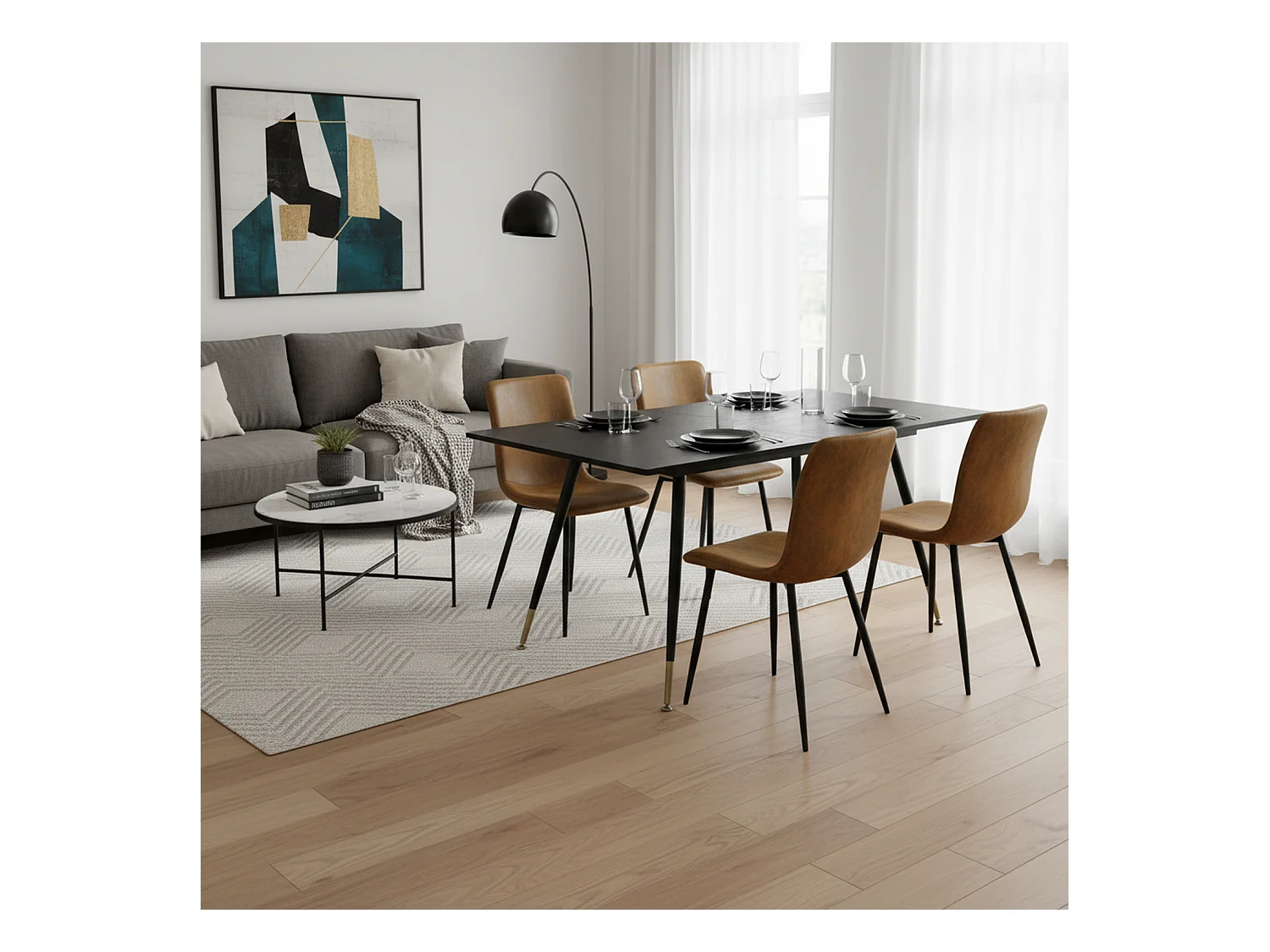 URBAN MEUBLE Ensemble table noire effet bois et 4 chaises suède brun