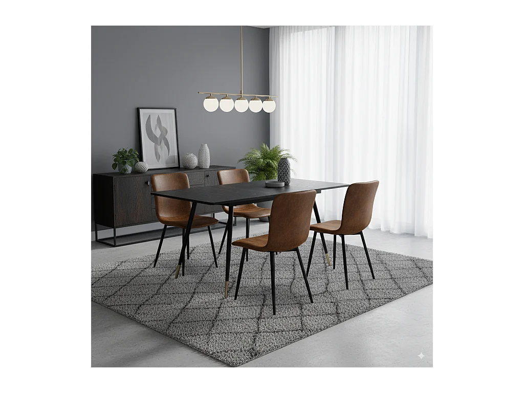 URBAN MEUBLE Ensemble table noire effet bois et 4 chaises suède brun