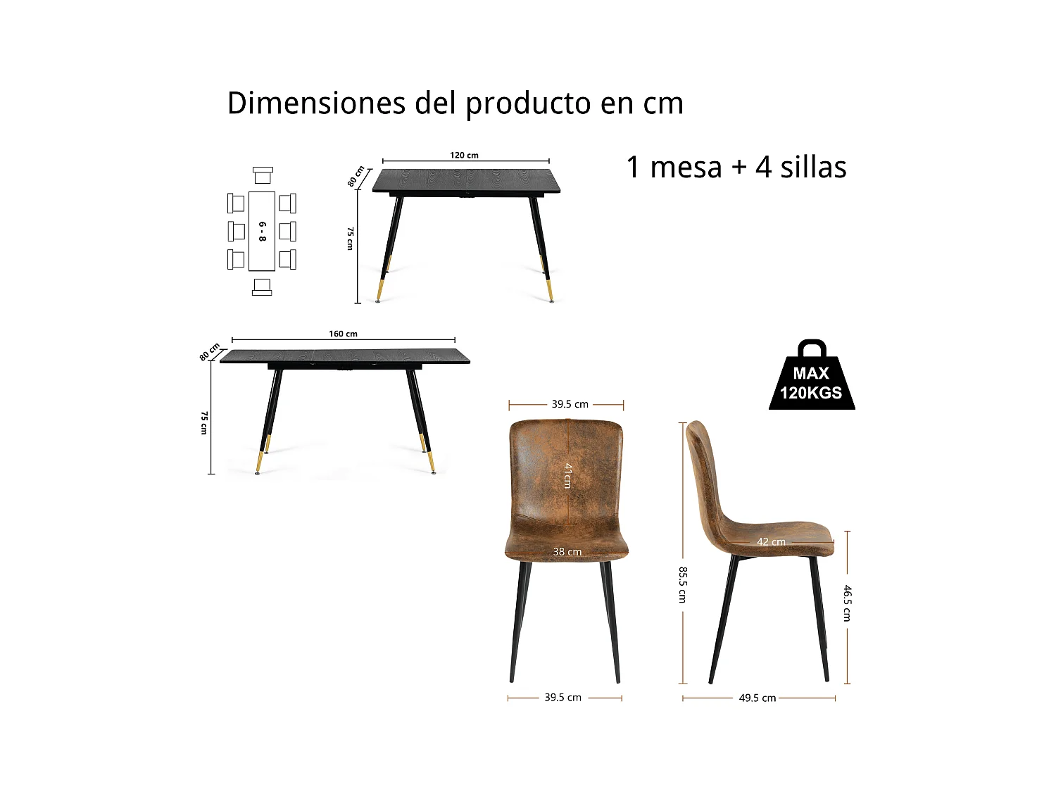 URBAN MEUBLE Ensemble table noire effet bois et 4 chaises suède brun