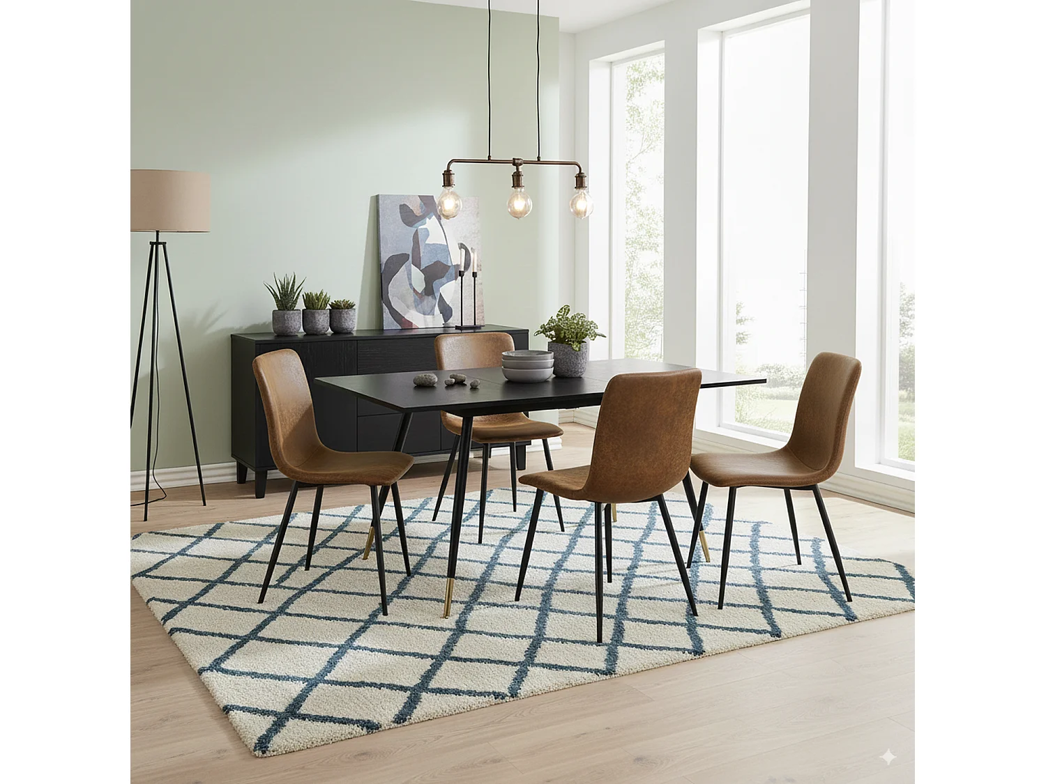 URBAN MEUBLE Ensemble table noire effet bois et 4 chaises suède brun