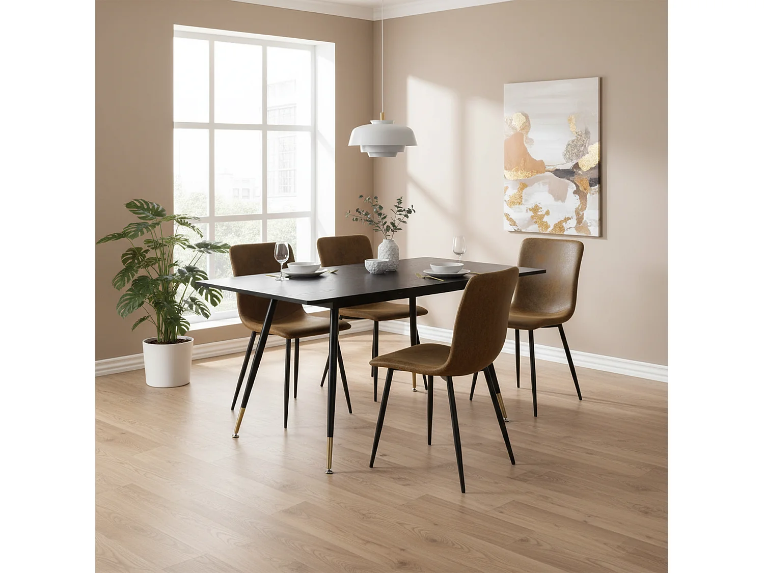 URBAN MEUBLE Ensemble table noire effet bois et 4 chaises suède brun