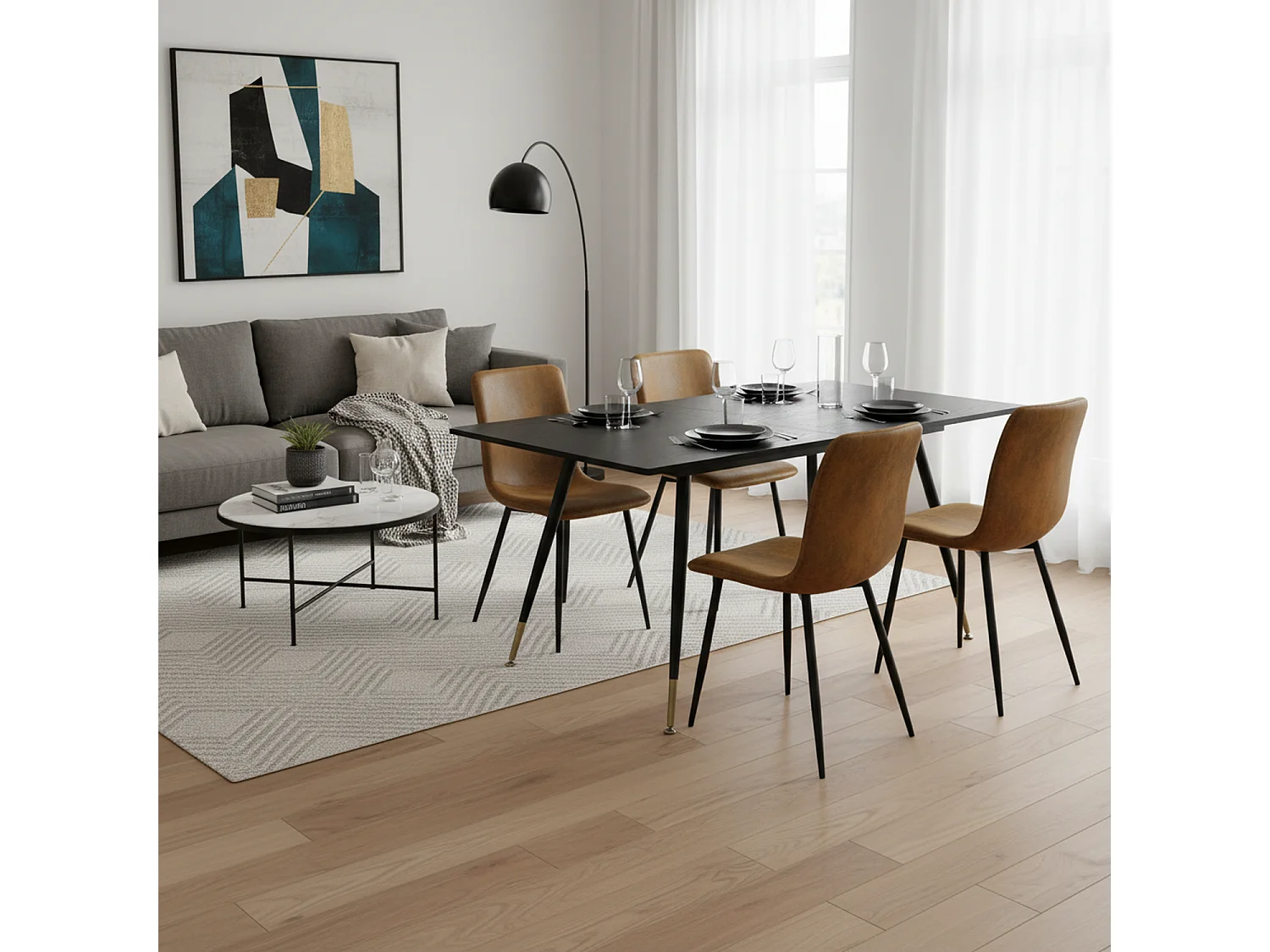 URBAN MEUBLE Ensemble table noire effet bois et 4 chaises suède brun