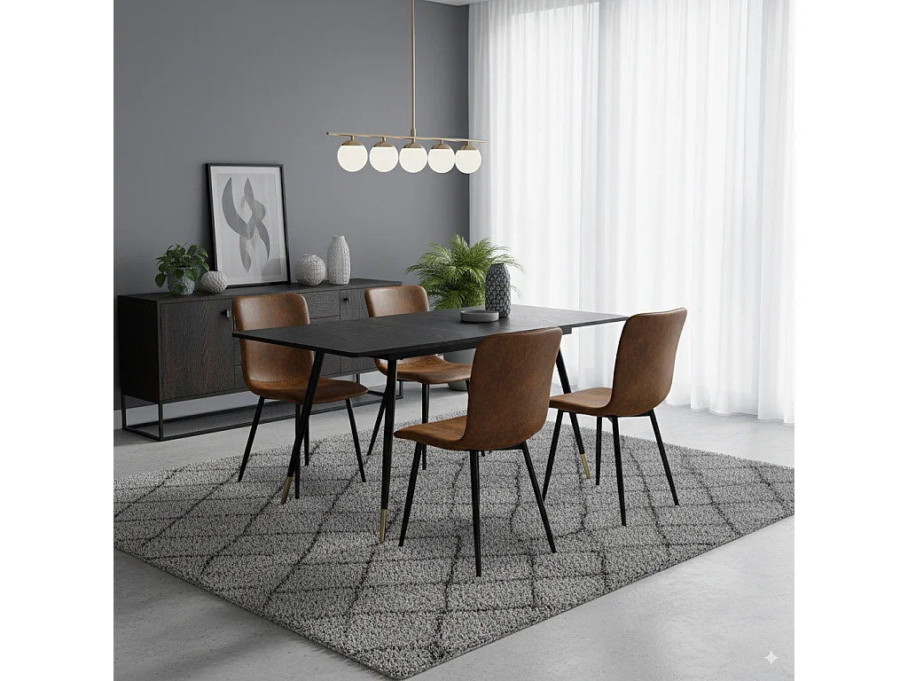 URBAN MEUBLE Ensemble table noire effet bois et 4 chaises suède brun