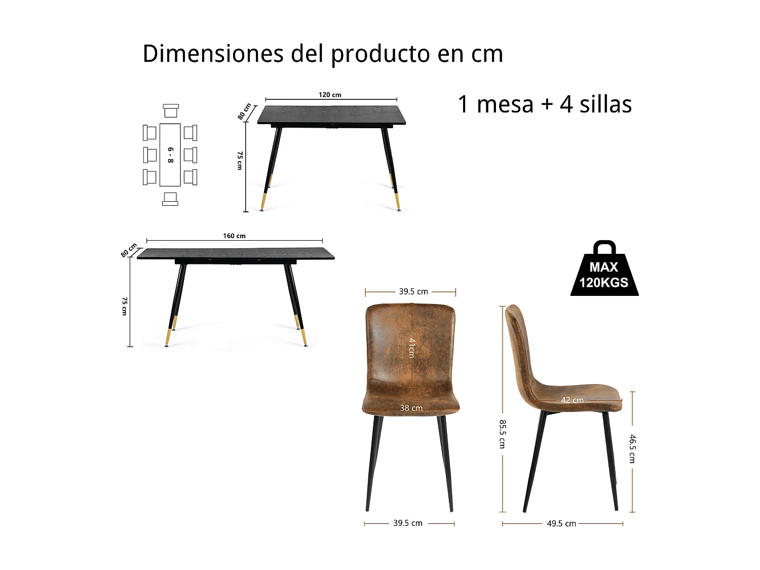 URBAN MEUBLE Ensemble table noire effet bois et 4 chaises suède brun