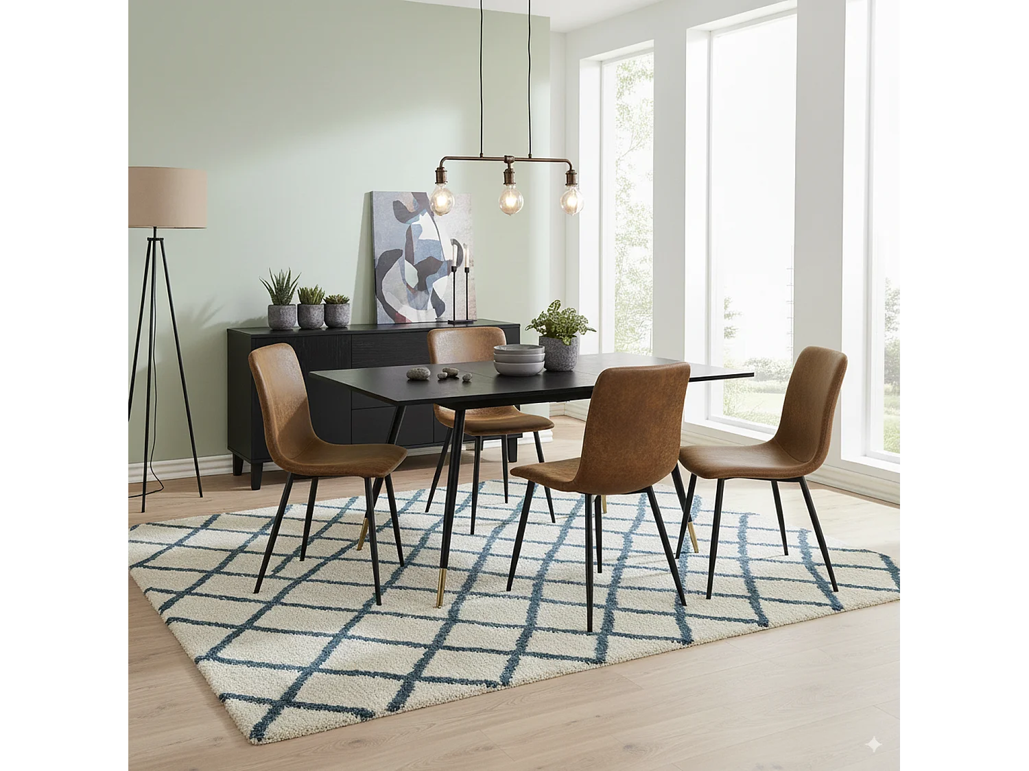 URBAN MEUBLE Ensemble table noire effet bois et 4 chaises suède brun