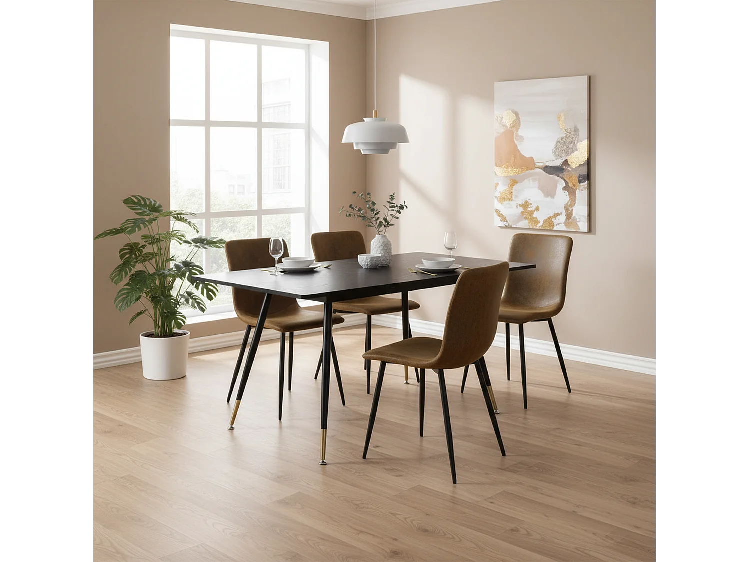URBAN MEUBLE Ensemble table noire effet bois et 4 chaises suède brun