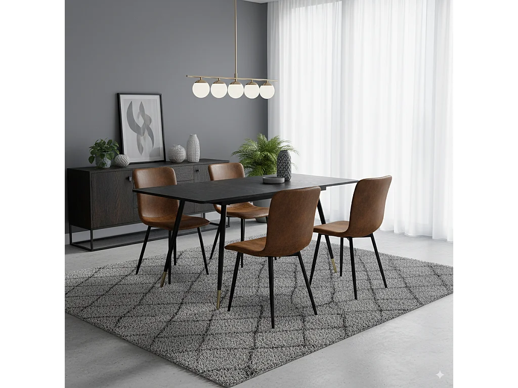 URBAN MEUBLE Ensemble table noire effet bois et 4 chaises suède brun