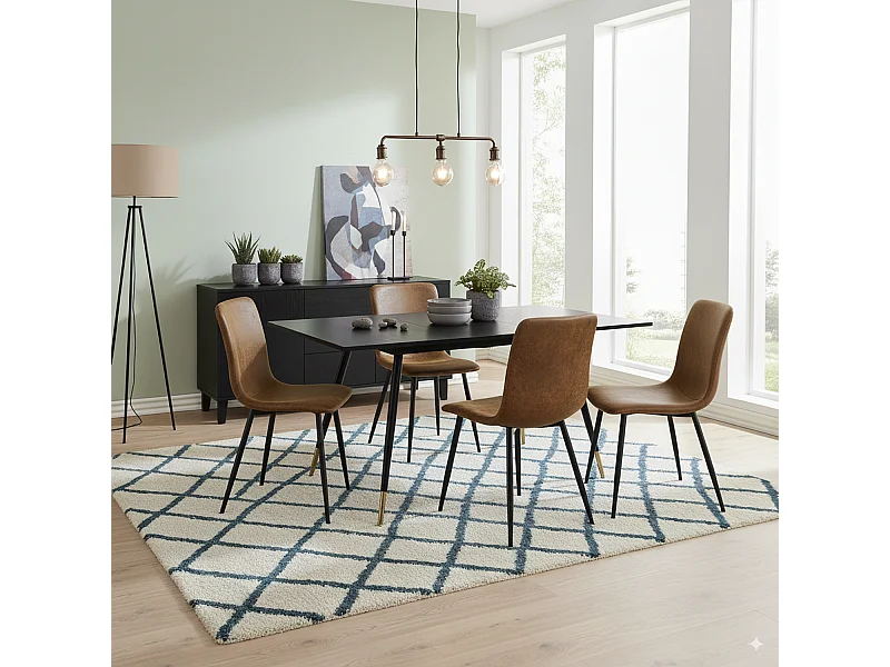 URBAN MEUBLE Ensemble table noire effet bois et 4 chaises suède brun