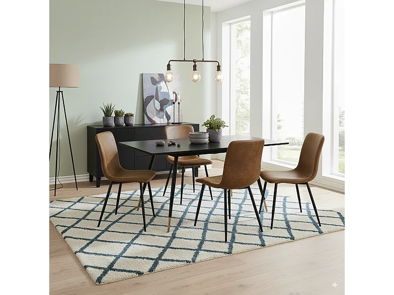 URBAN MEUBLE Ensemble table noire effet bois et 4 chaises suède brun