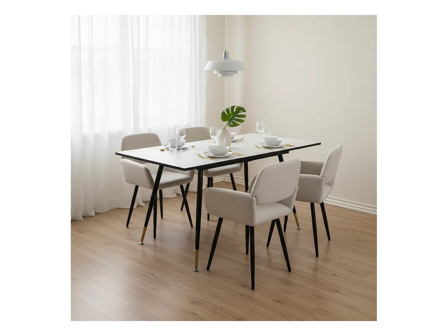URBAN MEUBLE Ensemble table effet marbre blanc et 4 chaises beige à accoudoirs