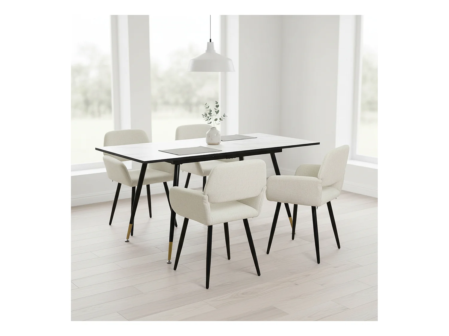URBAN MEUBLE Ensemble table effet marbre blanc et 4 chaises beige à accoudoirs