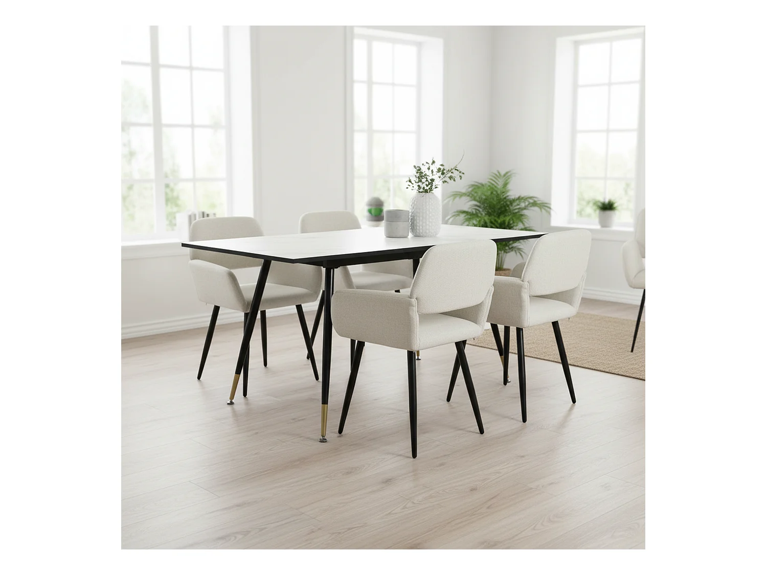 URBAN MEUBLE Ensemble table effet marbre blanc et 4 chaises beige à accoudoirs