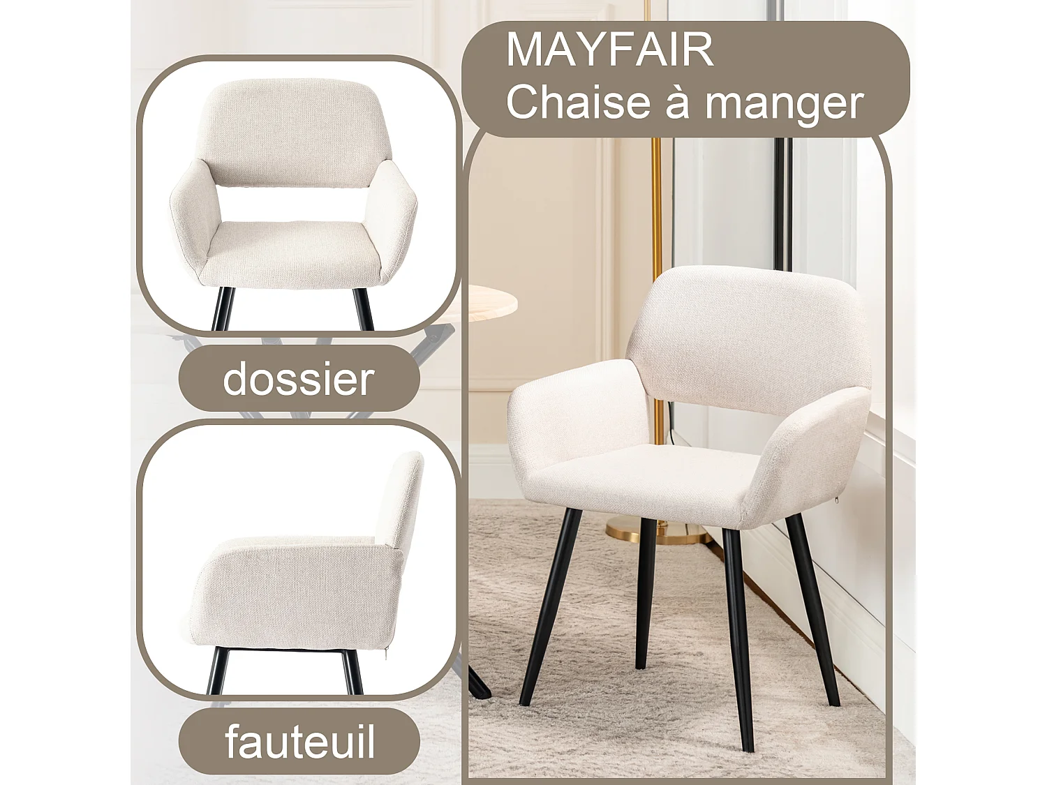 URBAN MEUBLE Ensemble table effet marbre blanc et 4 chaises beige à accoudoirs