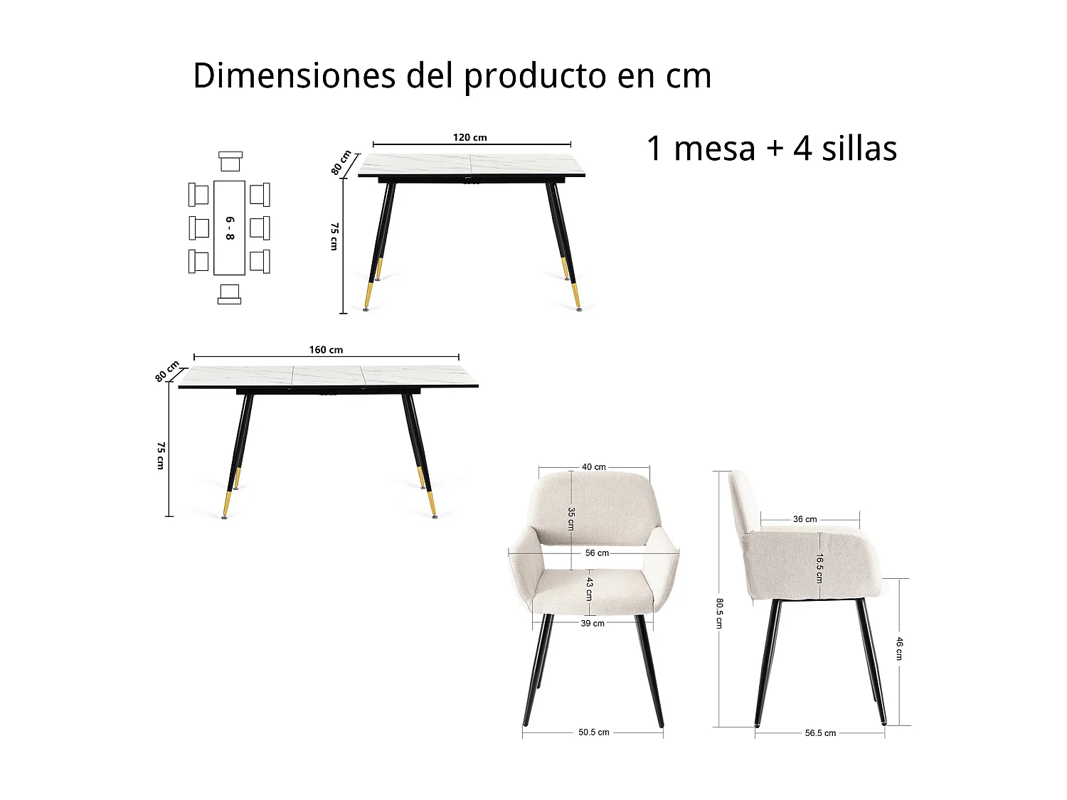 URBAN MEUBLE Ensemble table effet marbre blanc et 4 chaises beige à accoudoirs