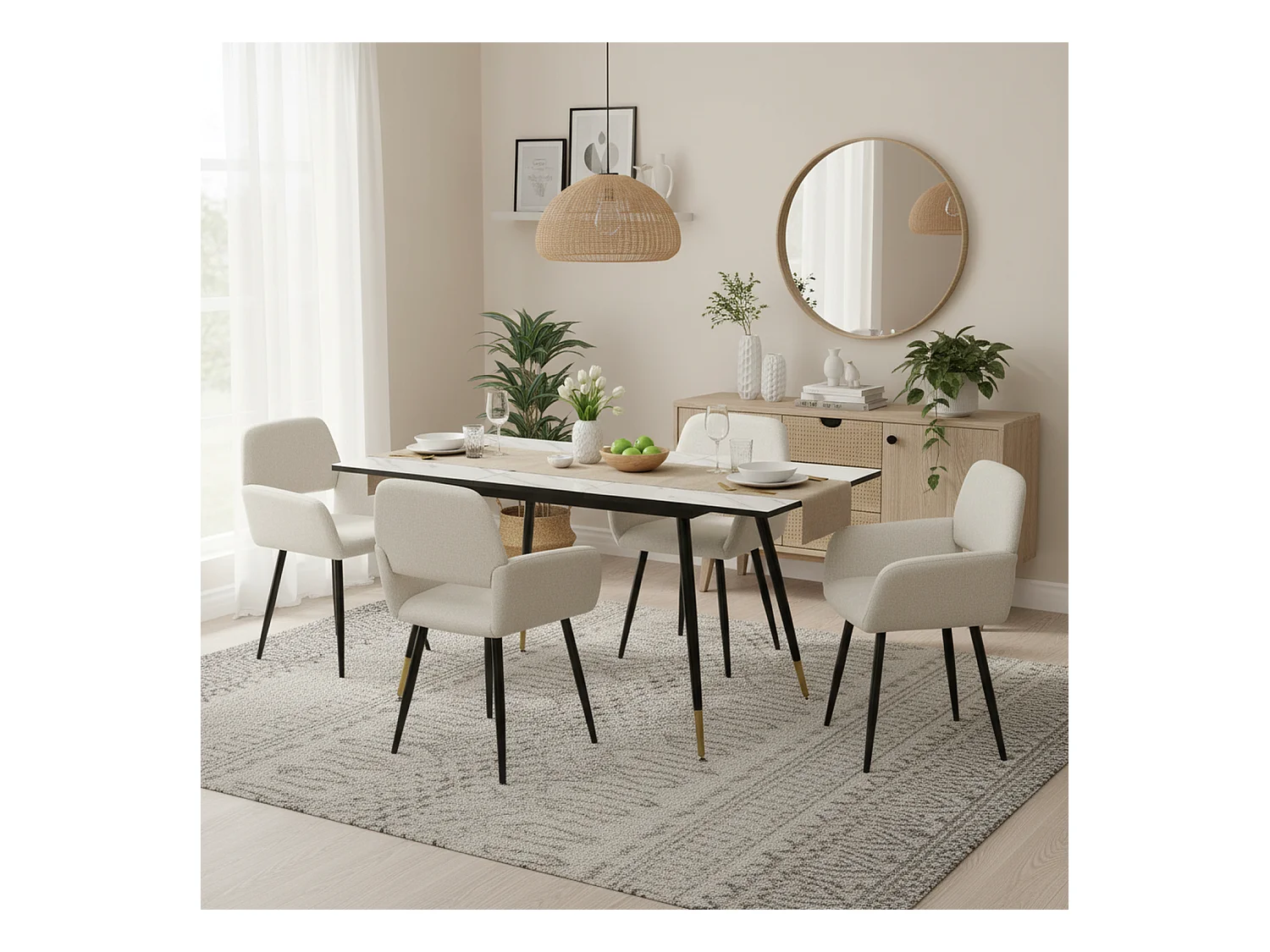 URBAN MEUBLE Ensemble table effet marbre blanc et 4 chaises beige à accoudoirs