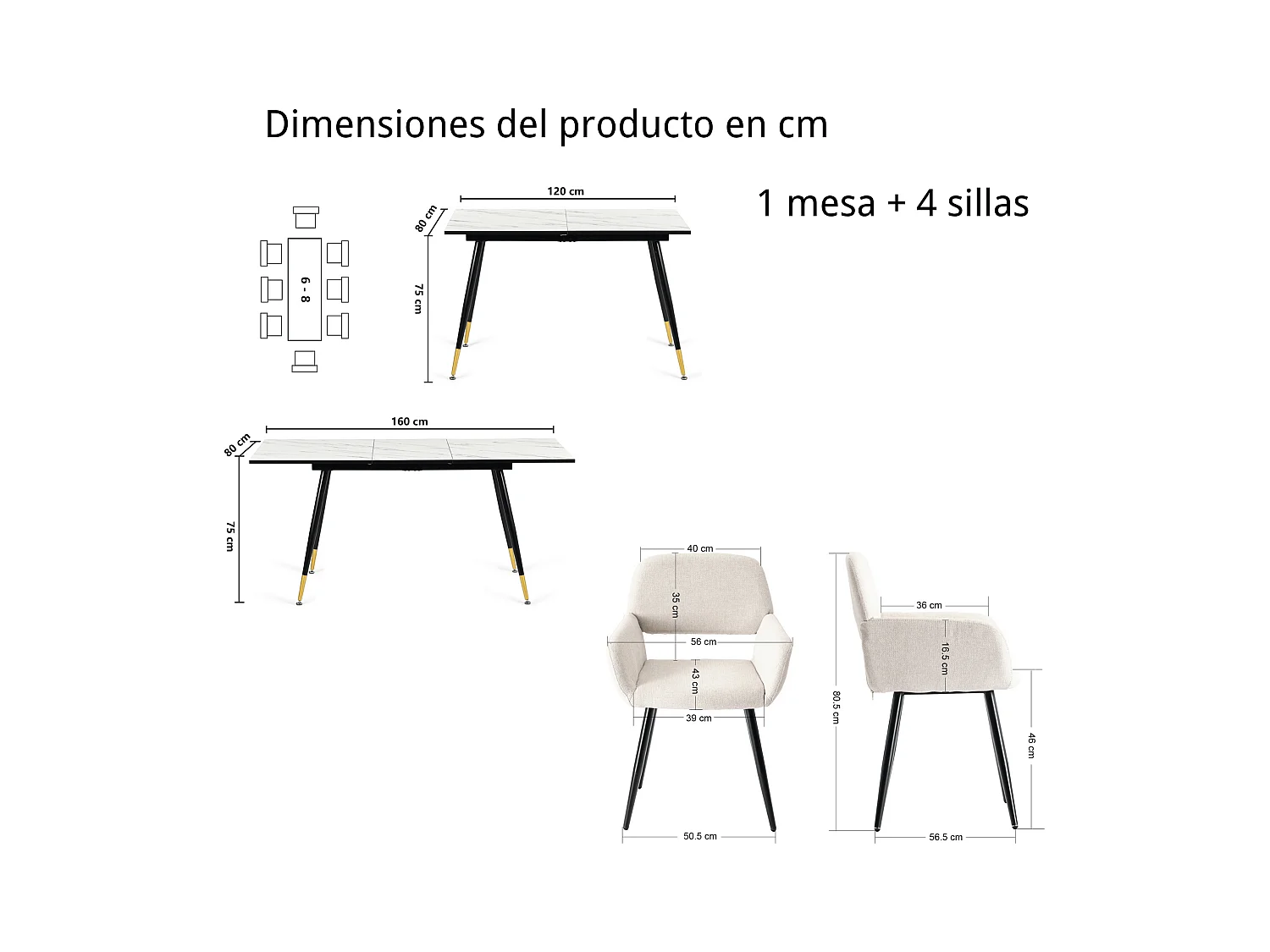 URBAN MEUBLE Ensemble table effet marbre blanc et 4 chaises beige à accoudoirs