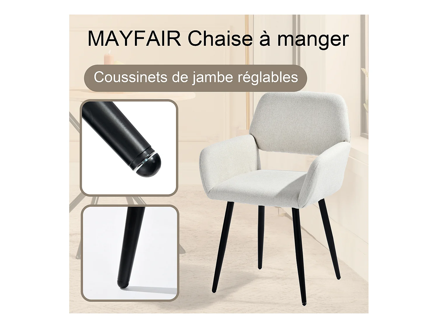 URBAN MEUBLE Ensemble table effet marbre blanc et 4 chaises beige à accoudoirs