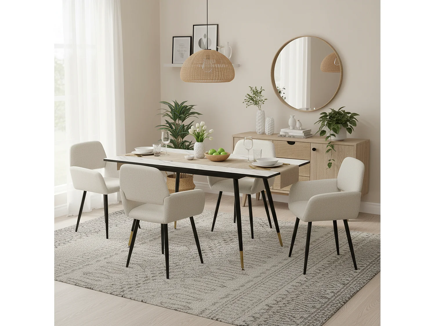URBAN MEUBLE Ensemble table effet marbre blanc et 4 chaises beige à accoudoirs