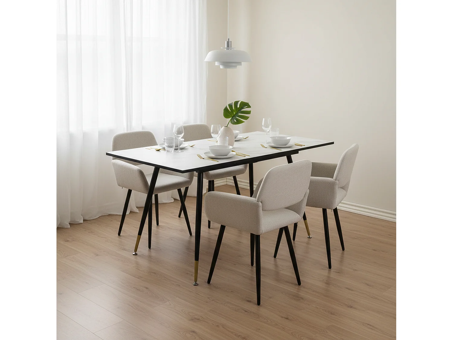 URBAN MEUBLE Ensemble table effet marbre blanc et 4 chaises beige à accoudoirs
